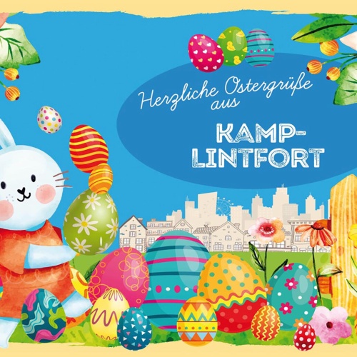 Schild Spruch Herzliche Ostergrüße aus Kamp-Lintfort Osterhase Eier Comic JW