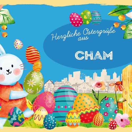 Schild Spruch Herzliche Ostergrüße aus Cham Osterhase Eier Comic JW