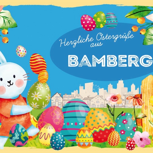 Schild Spruch Herzliche Ostergrüße aus Bamberg Osterhase Eier Comic JW