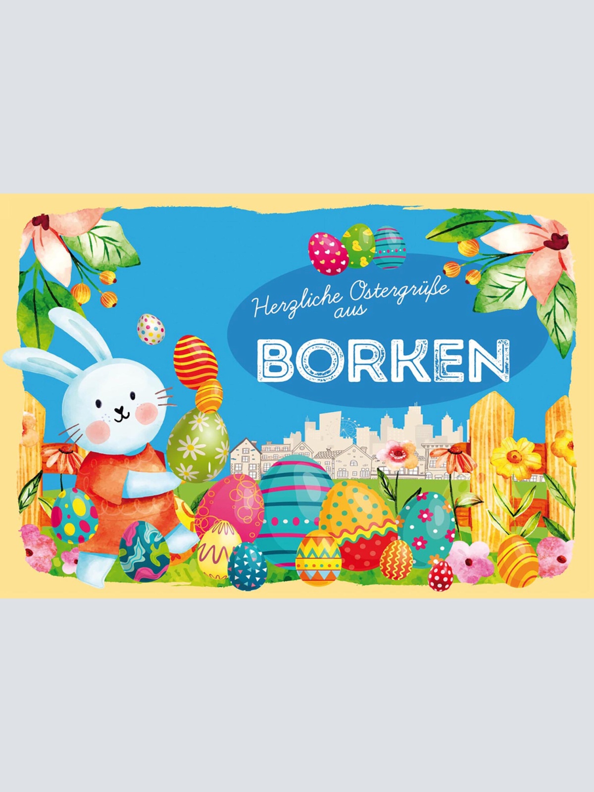 Schild Spruch Herzliche Ostergrüße aus Borken Osterhase Eier Comic JW