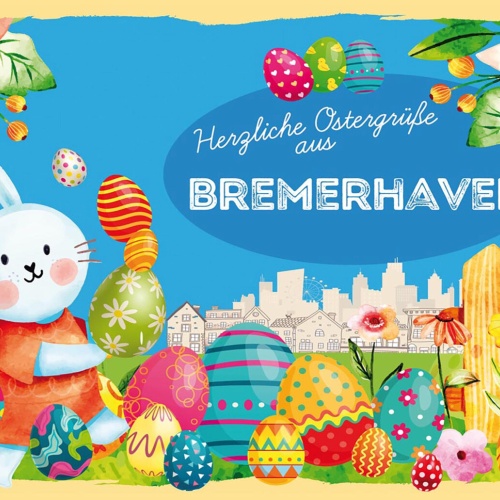 Schild Spruch Herzliche Ostergrüße aus Bremerhaven Osterhase Eier Comic JW