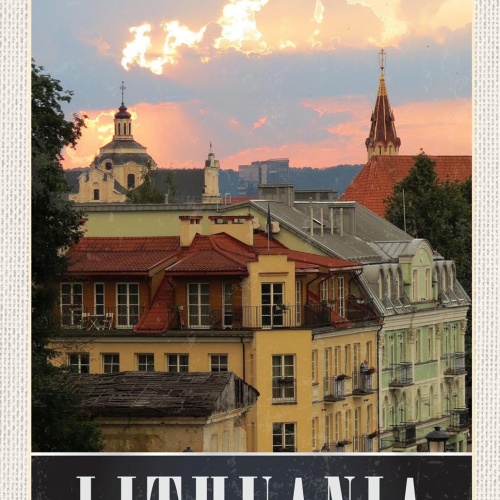 Schild Spruch Lithuania Litauen Kirchen Abendrot Stadtansicht JW
