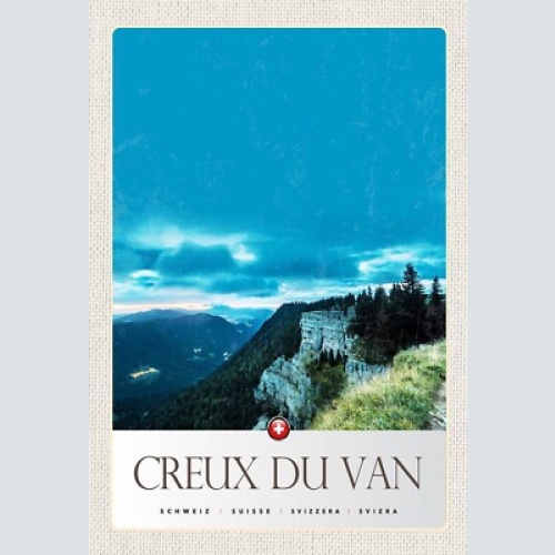 Schild spruch creux du van switzerland schweiz berge felswand wald jw