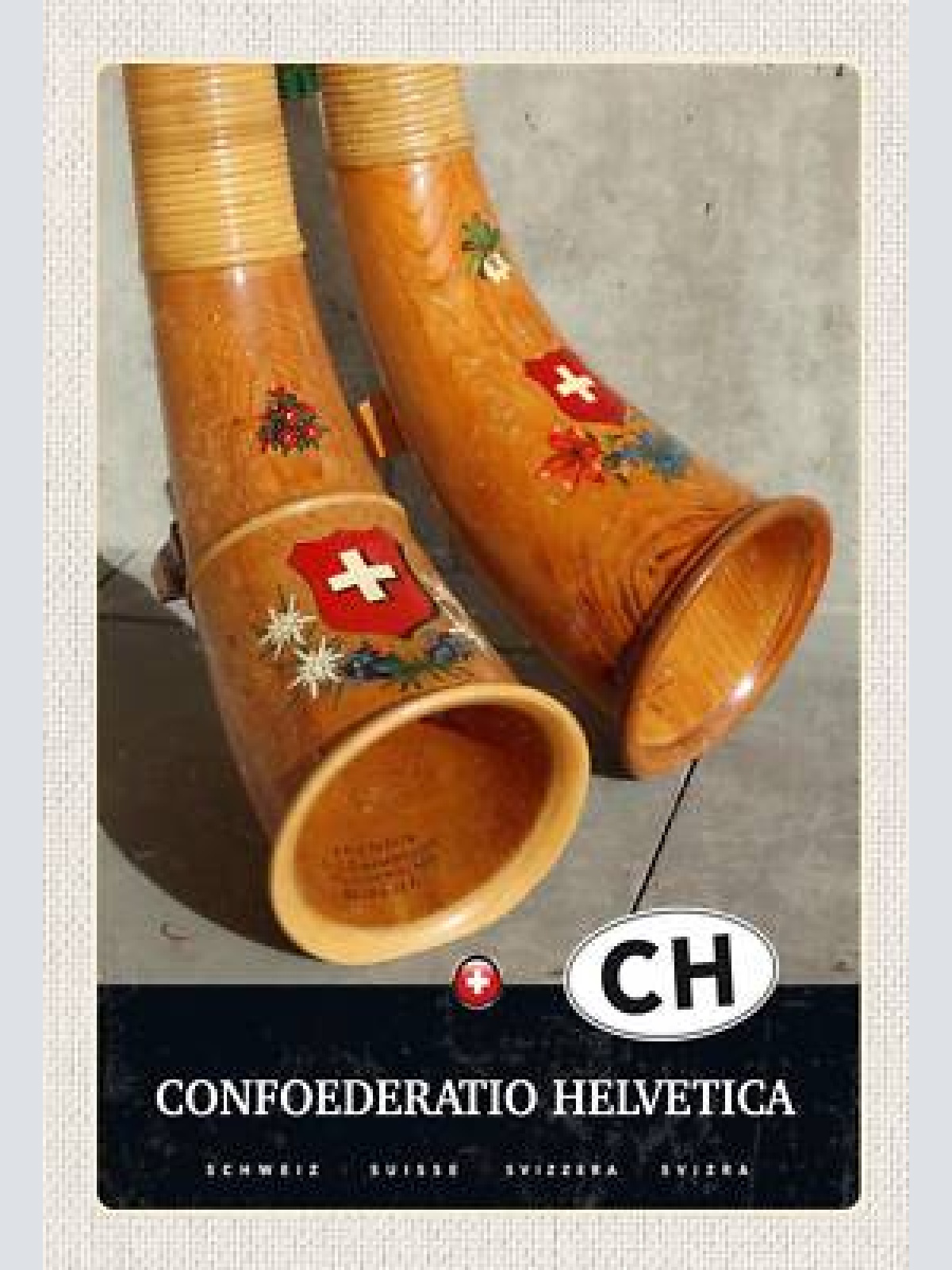 Schild spruch confoederatio helvetica switzerland schweiz alphörner jw