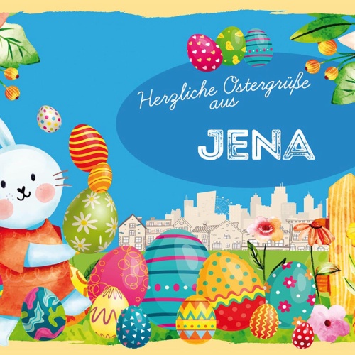 Schild Spruch Herzliche Ostergrüße aus Jena Osterhase Eier Comic JW