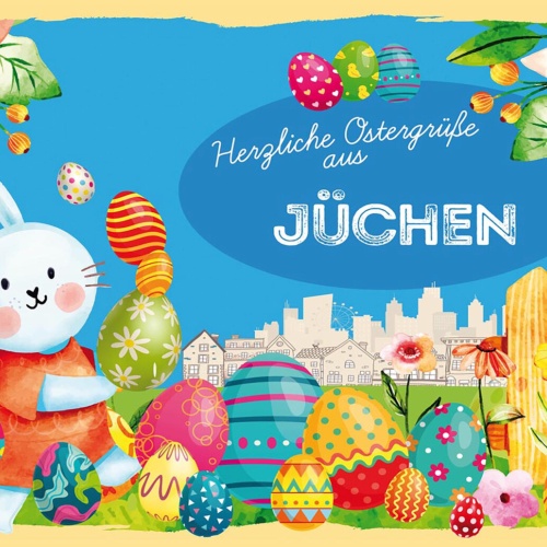 Schild Spruch Herzliche Ostergrüße aus Jüchen Osterhase Eier Comic JW