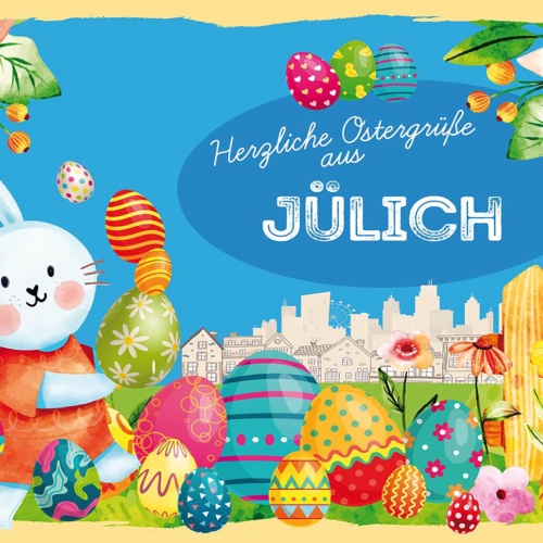 Schild Spruch Herzliche Ostergrüße aus Jülich Osterhase Eier Comic JW