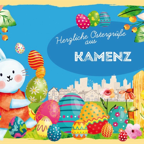 Schild Spruch Herzliche Ostergrüße aus Kamenz Osterhase Eier Comic JW