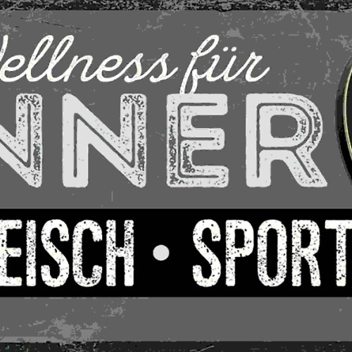 Schild Wellness Für Männer Bier Fleisch Sport Bier Burger 27x10 Blech od.Holz