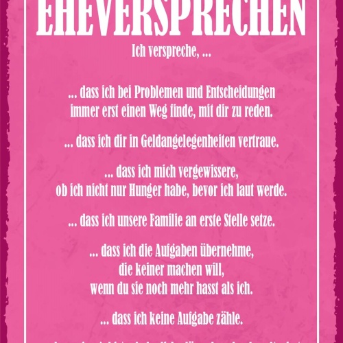 Schild Ehe Versprechen Heirat Aufgaben 12x18 / 20x30 / 30x40 Blech od. Holz