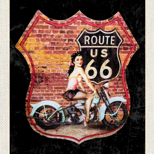 Schild Route 66 Frau Motorrad Straße Highway USA 12x18 20x30 30x40 Blech/Holz