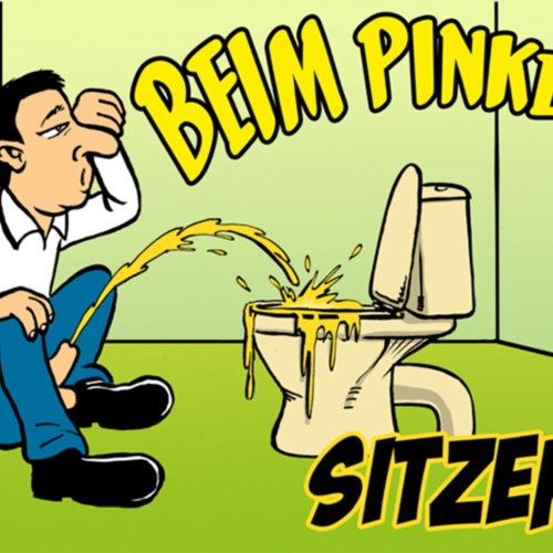 Schild Spruch Beim Pinkeln sitzen Toilette Männer JW
