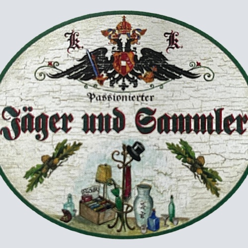 KuK Nostalgie Holzschild "Passionierter Jäger und Sammler" Hutständer Vase Lampe
