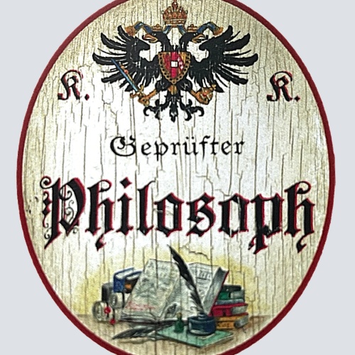 KuK Nostalgie Holzschild "Geprüfter Philosoph" Bücher Schreibfeder