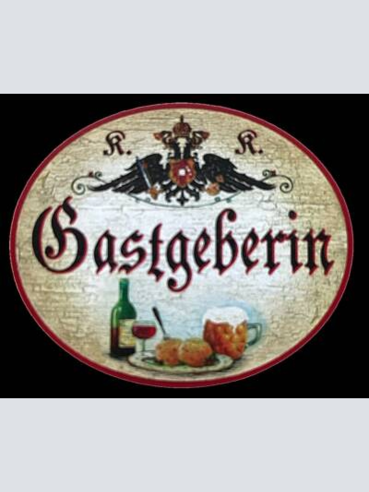 Kuk nostalgie holzschild "gastgeberin" wein bier glas