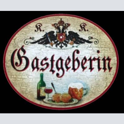 Kuk nostalgie holzschild "gastgeberin" wein bier glas