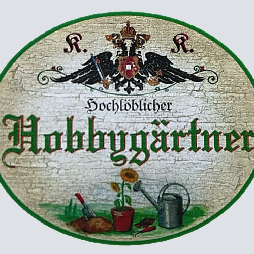 KuK Nostalgie Holzschild "Hochlöblicher Hobbygärtner" Schaufel Blume Gießkanne