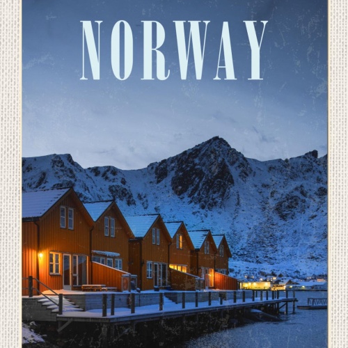 Schild Norway Norwegen Lofoten Rote Häuser Schnee 12x18 20x30 30x40 Blech/Holz
