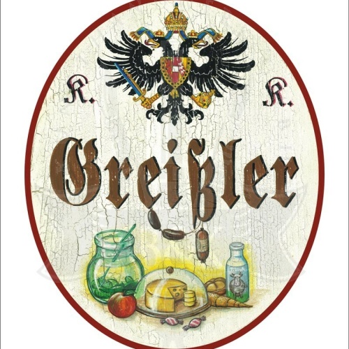 KuK Nostalgie Holzschild - Greißler - Lebensmittel TH