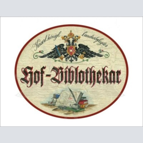 Kuk nostalgie holzschild - landesbefugter hof-bibliothekar - bücher feder th