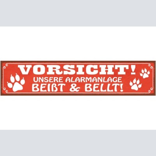 Schild vorsicht alarm anlage wach hund beißen bellen 46 x 10 blech od. holz