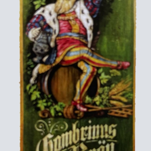Nostalgie Holzschild Gambrinus Bräu Bier Brauerei Alkohol Fass Schild