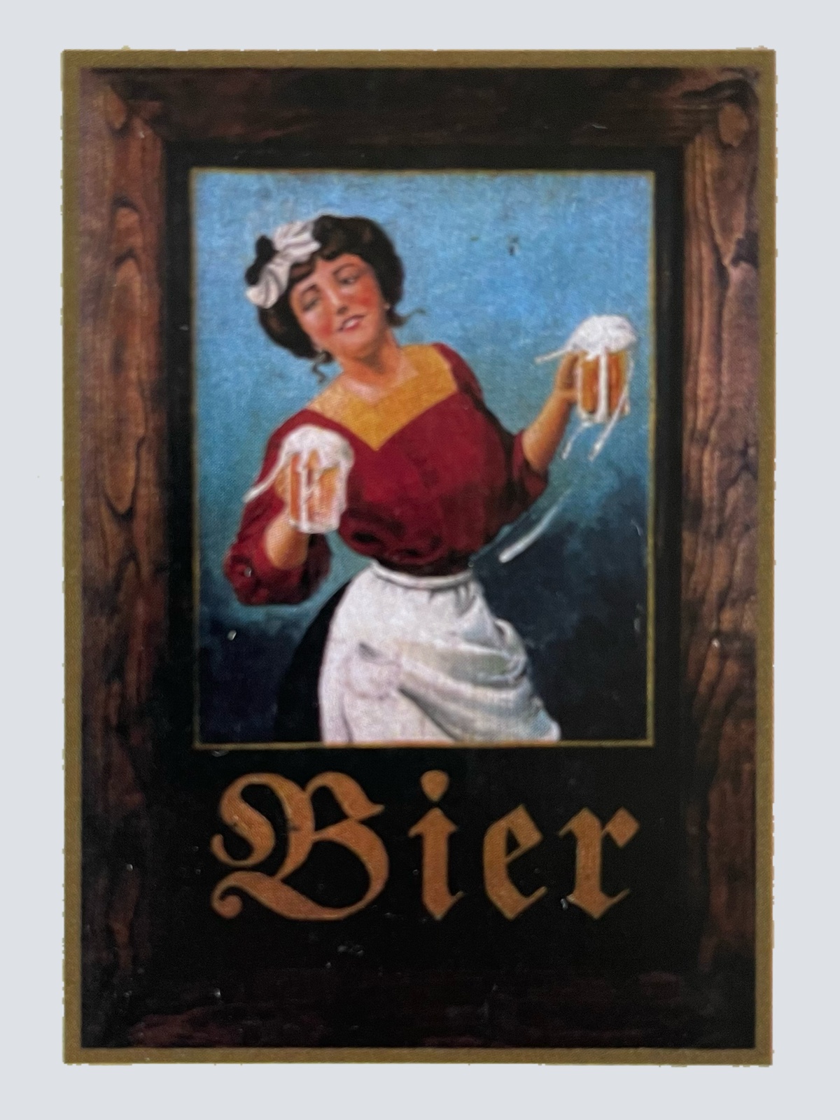 Nostalgie Holzschild Bier Alkohol Wirt Wirtshaus Glas Frau Kellnerin Schild