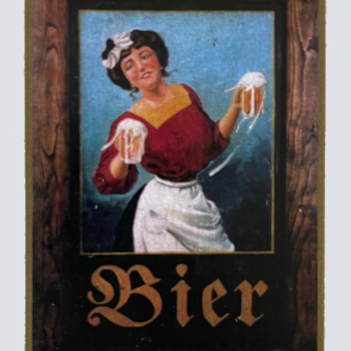 Nostalgie Holzschild Bier Alkohol Wirt Wirtshaus Glas Frau Kellnerin Schild