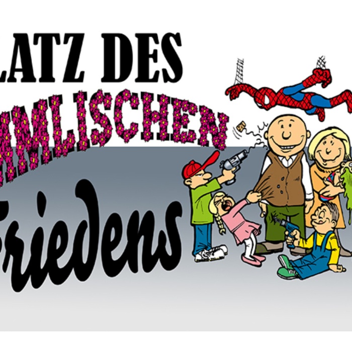 Schild Spruch Platz des himmlischen Frieden Familie Kinder Chaos JW
