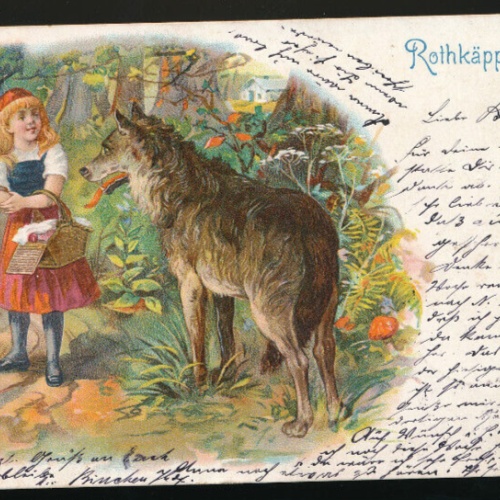 Märchen-Litho-Karte vom Rothkäppchen mit Wolf im Wald (641)