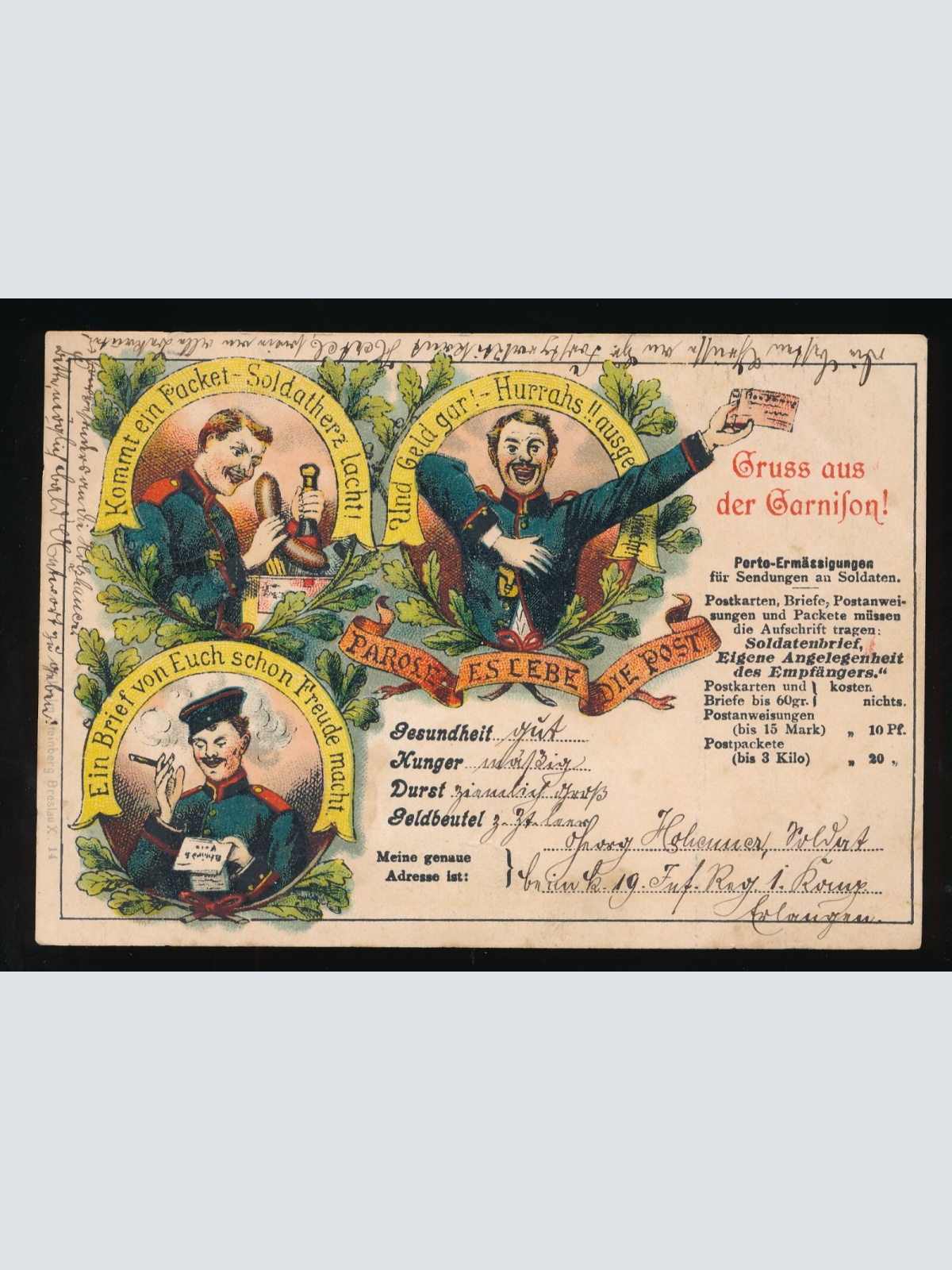 Litho-Karte gruss aus der Garnison, Parole es lebe die Post (324)