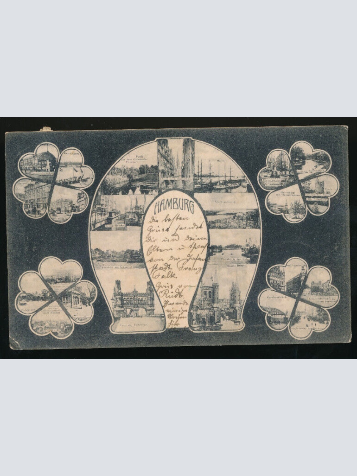 Hufeisen-Karte aus Hamburg mit vier x vierblätrigem Kleeblatt (664)