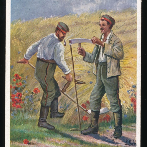 AK Unsere Barbaren im Feindesland Soldaten mit Sense (510)