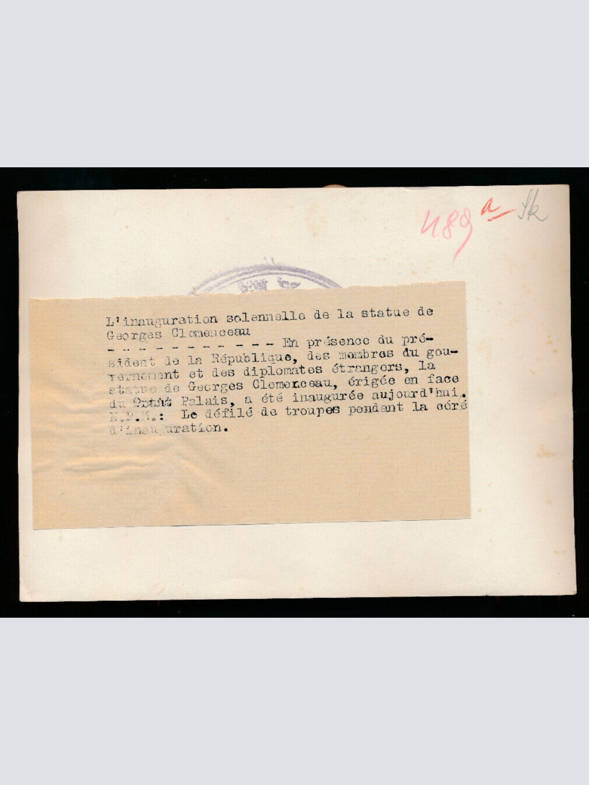 Pressefoto, Einweihung der Statue des Kriegsministers George Clemenceau ... (P4)