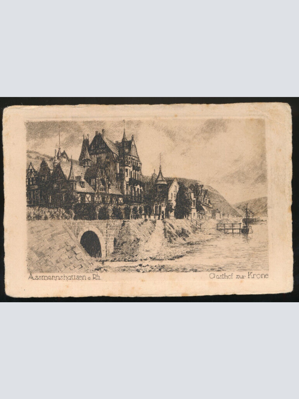 Radierungs-Karte aus Assmannshausen mit Gasthof zur Krone Hessen (1072)