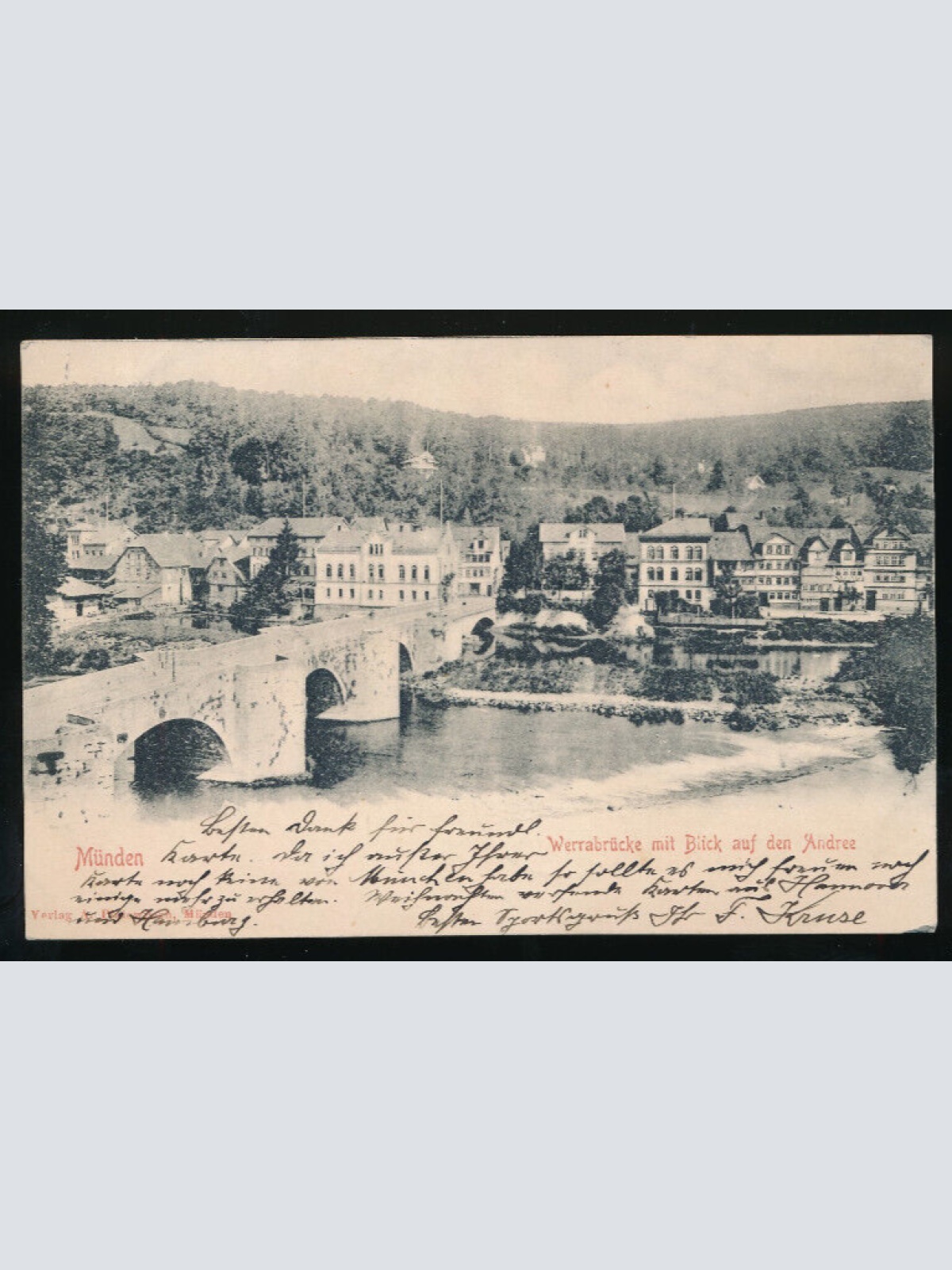 AK aus Münden Werrabrücke mit Blick auf den Andree Niedersachsen (832)