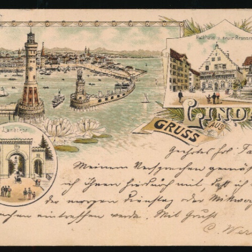 Litho-Karte gruss aus Lindau mit Hafen Bayern (831)