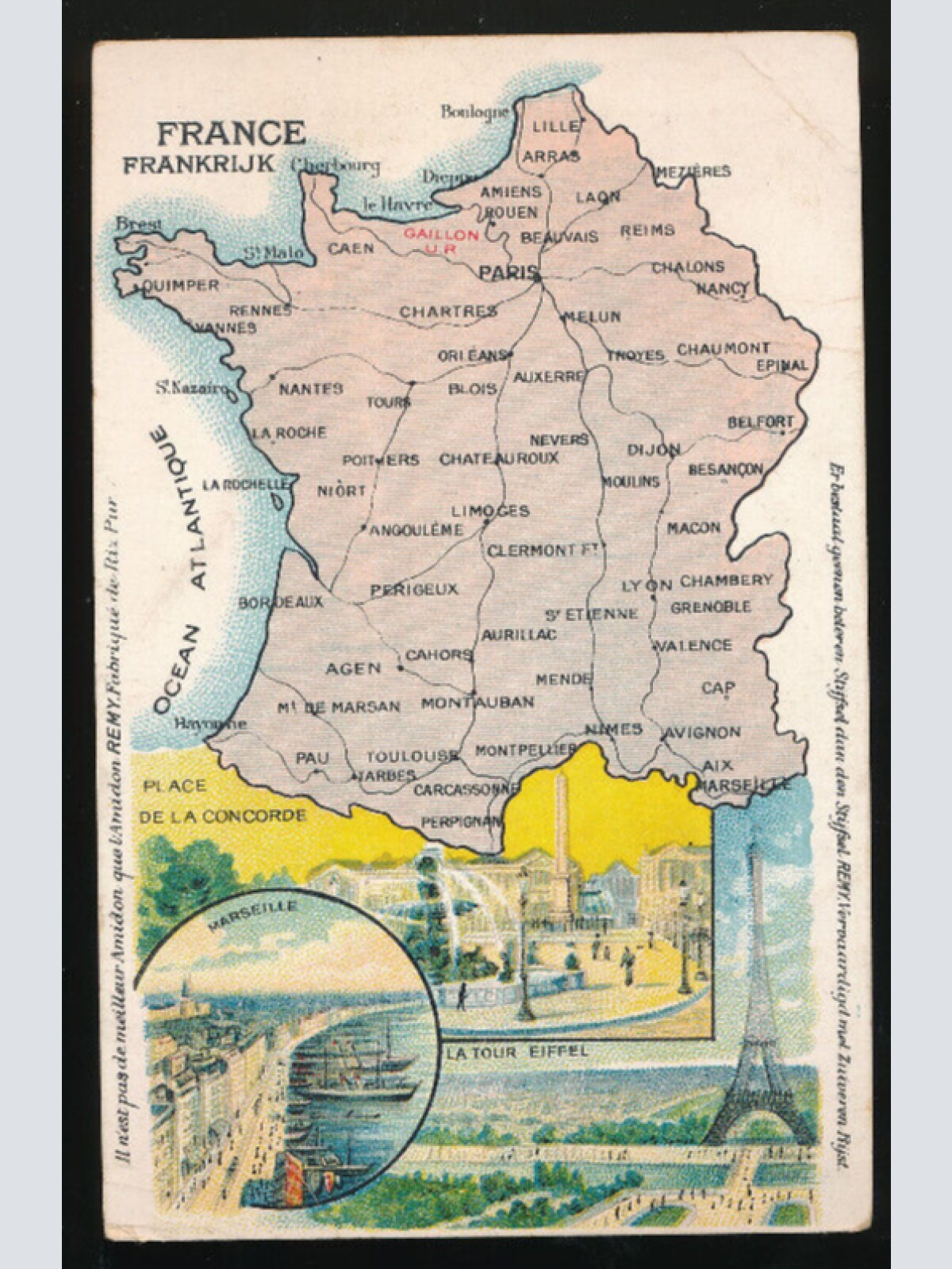 AK aus Frankreich mit Landkarte Marseille Paris Eifelturm (1926)