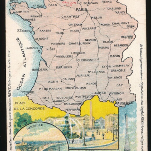 AK aus Frankreich mit Landkarte Marseille Paris Eifelturm (1926)