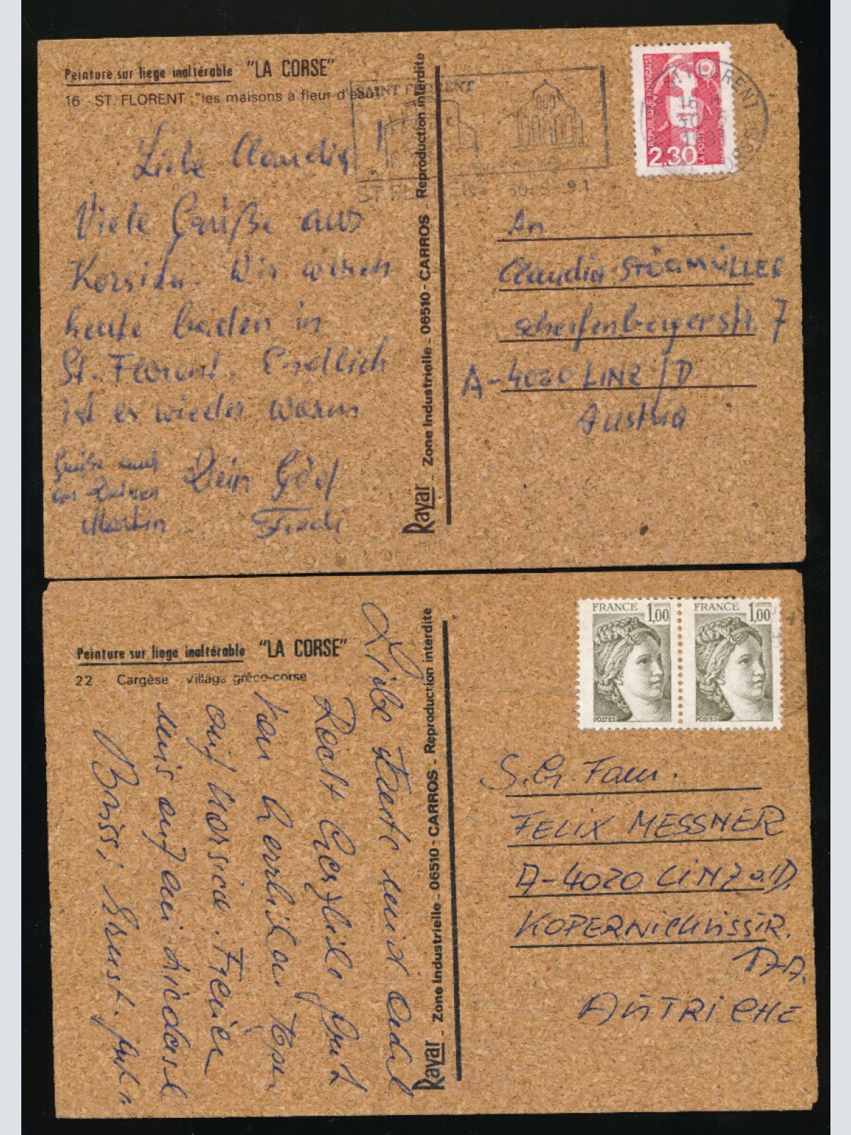 2 Kork Ansichtskarten aus St.Florent und Cargese, Korsika Frankreich (1939)