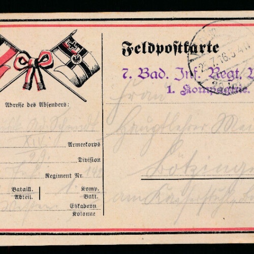 Feldpost-Karte 7. Bad. Inf. Regt. Nr.142  1.Kompanie (1167)