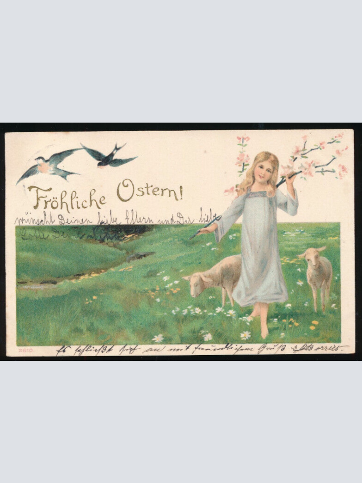 Kunst-Karte Fröhliche Ostern Frau mit Schafen und Schwalben  (2099)