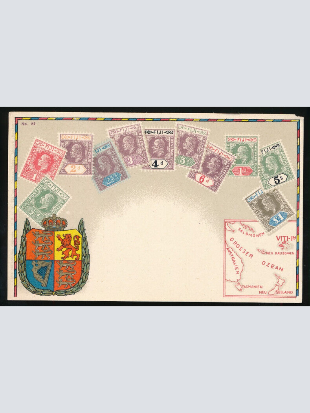 AK mit Marken und Wappen Fidschi - Fiji (1890)