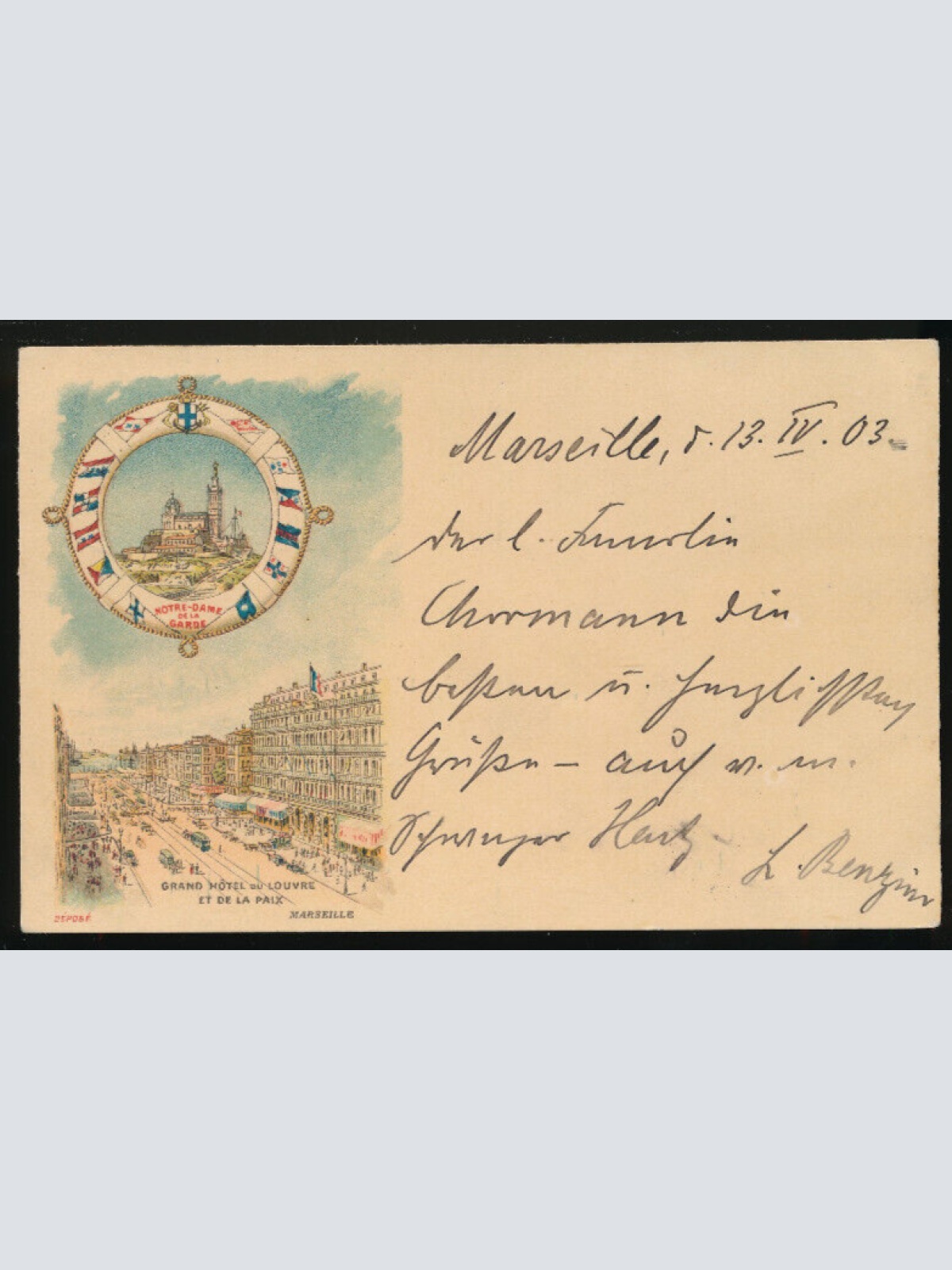 AK aus Marseille Grand Hotel und Notre-Dame (1888)