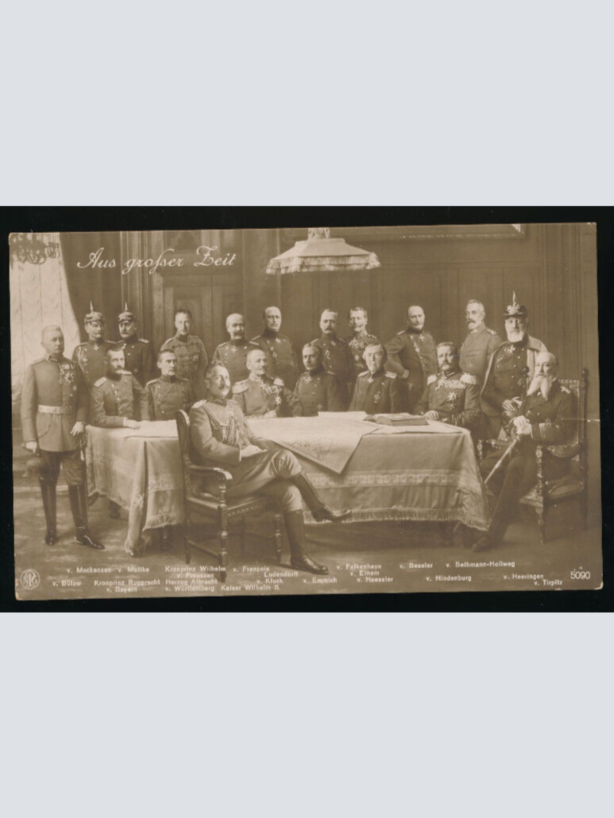 AK aus Großer Zeit mit Kaiser Wilhelm, Hindenburg und anderen Offizieren (1767)