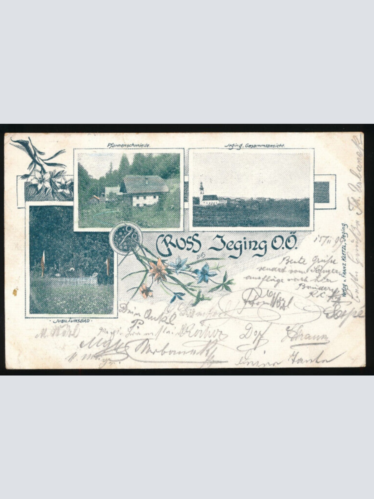 Litho-Karte gruss aus Jeging mit Pfannenschmiede Oberösterreich (2426)