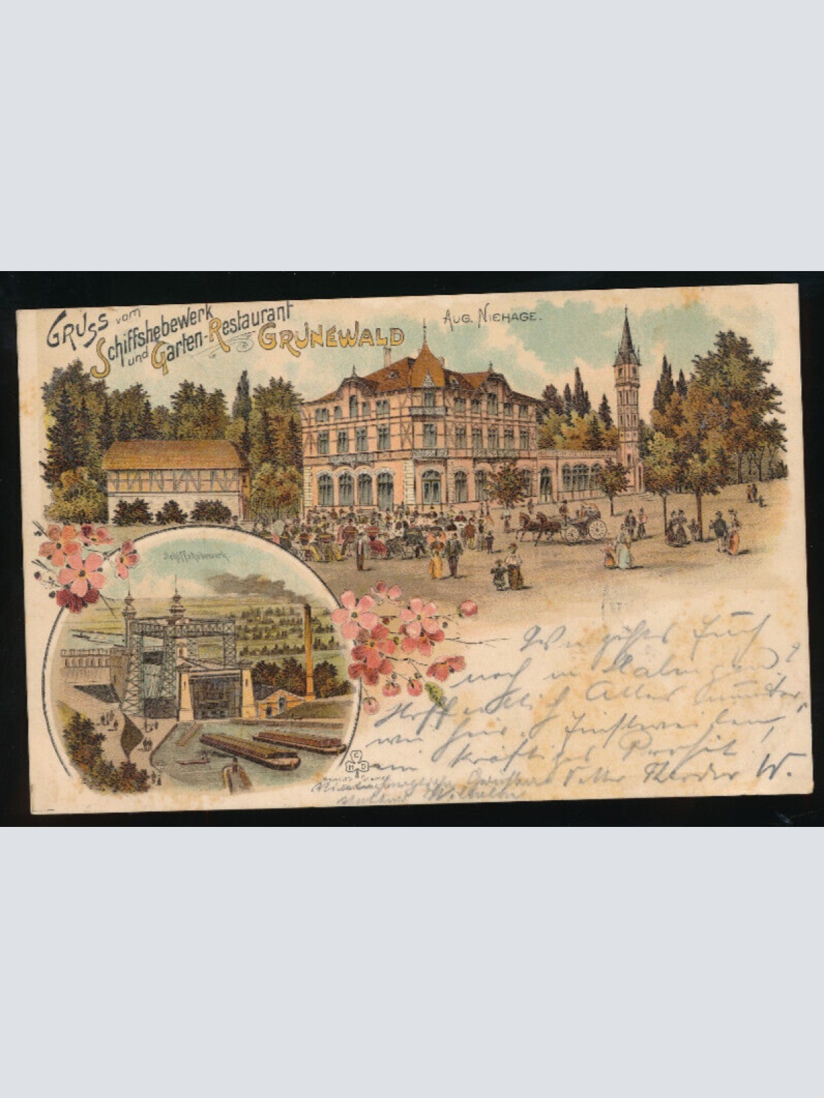 Litho-Karte gruss Grunewald Schiffshebewerk und Garten Restaurant Berlin (2148)