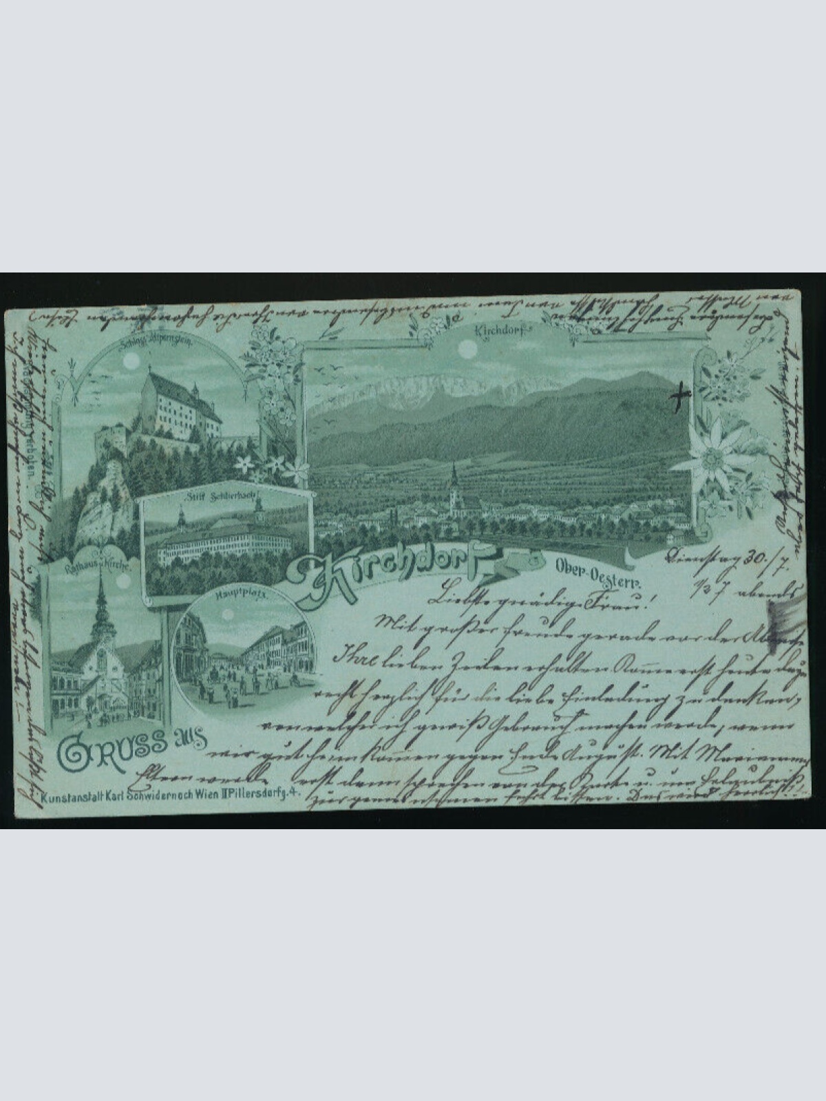 Mondschein - Litho Karte gruss aus Kirchdorf Oberösterreich (2686)