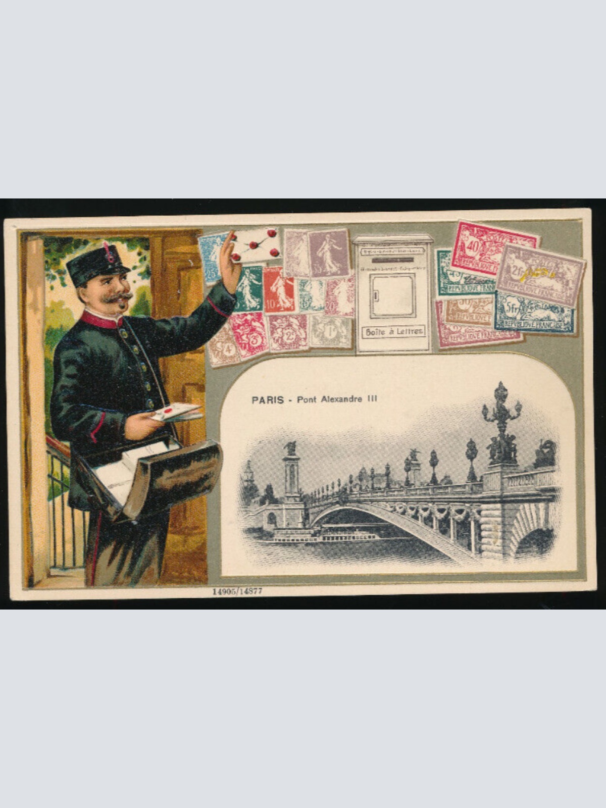 Präge-Litho-Karte Frankreich mit Wappen, Marken und Postboten (2752)