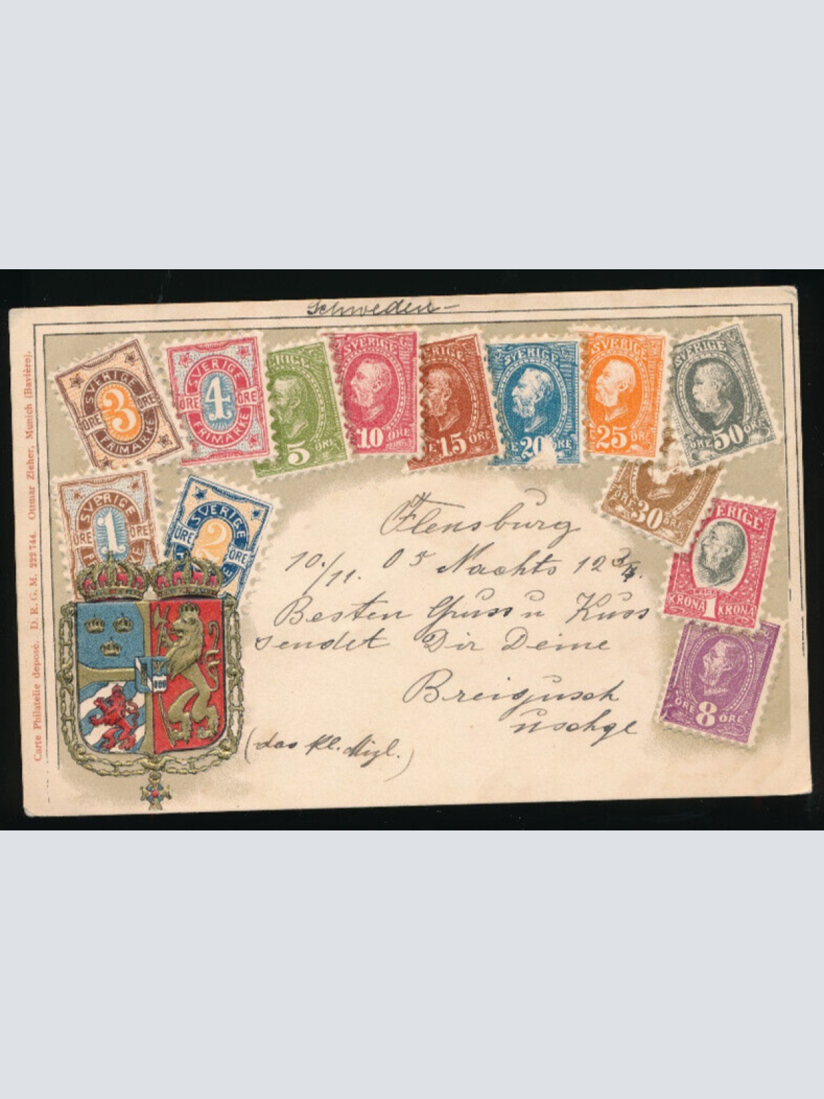 Präge-Litho-Karte Schweden mit Wappen und Marken (2749)